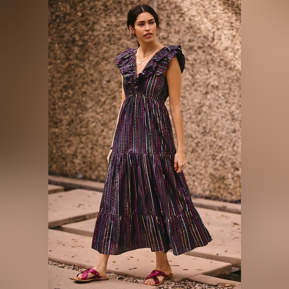 Roller Rabbit Black Maxi Dress with Multicolor Stripes XS NWT